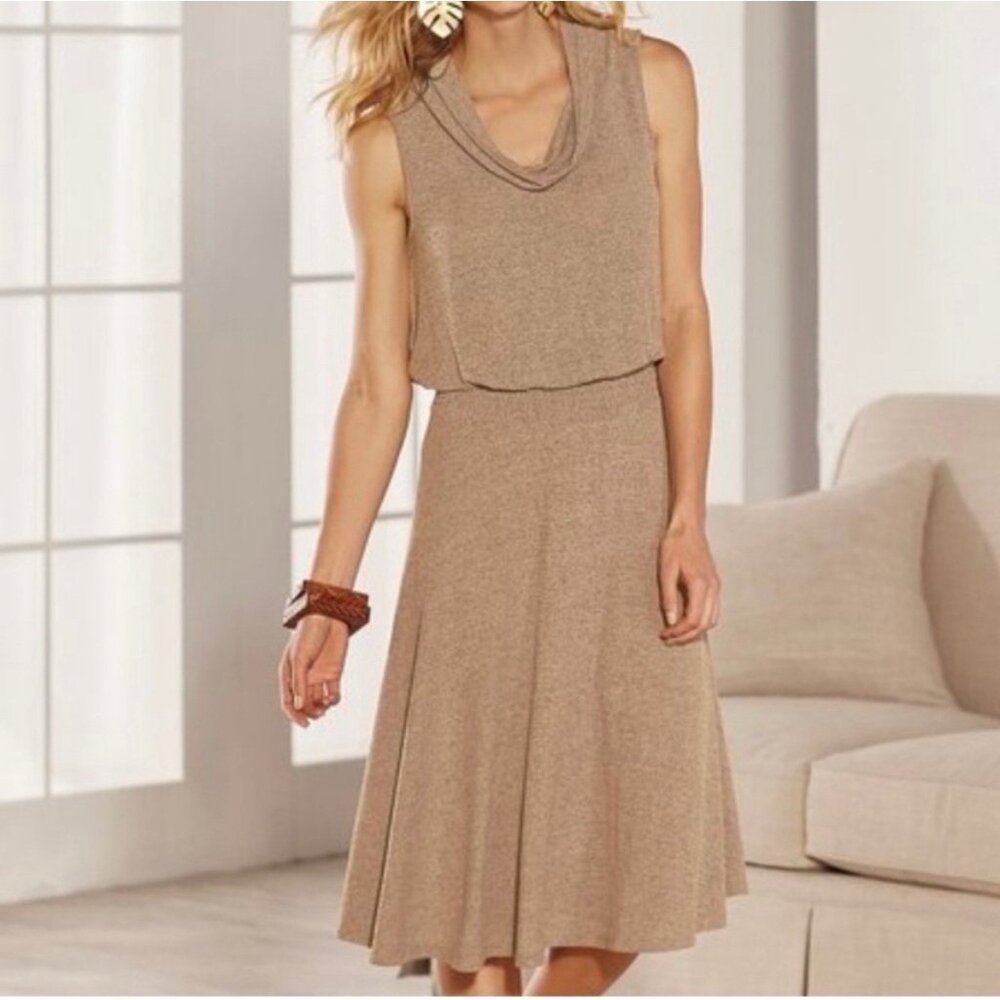 NEW Soft Surroundings Tan Midi Dress Knit Kerry Sleeveless Cowl Neck Medium